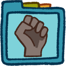 a grey raised fist. It's inside a teal folder that has green and orange folder tabs behind it.